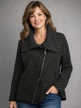 CJ Banks Black Polka Dot Asymmetrical Zip Jacket